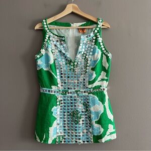 Tory Burch Elsa Mirror Circle Beaded Green Blue White Tunic Top Lined 6 *stain